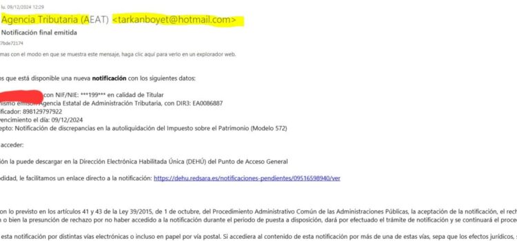 Alerten d’una estafa amb falses notificacions de l’Agència Tributària