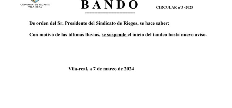 La Comunitat de Regants de Vila-real suspén el tandeig d’aigua després de les últimes pluge